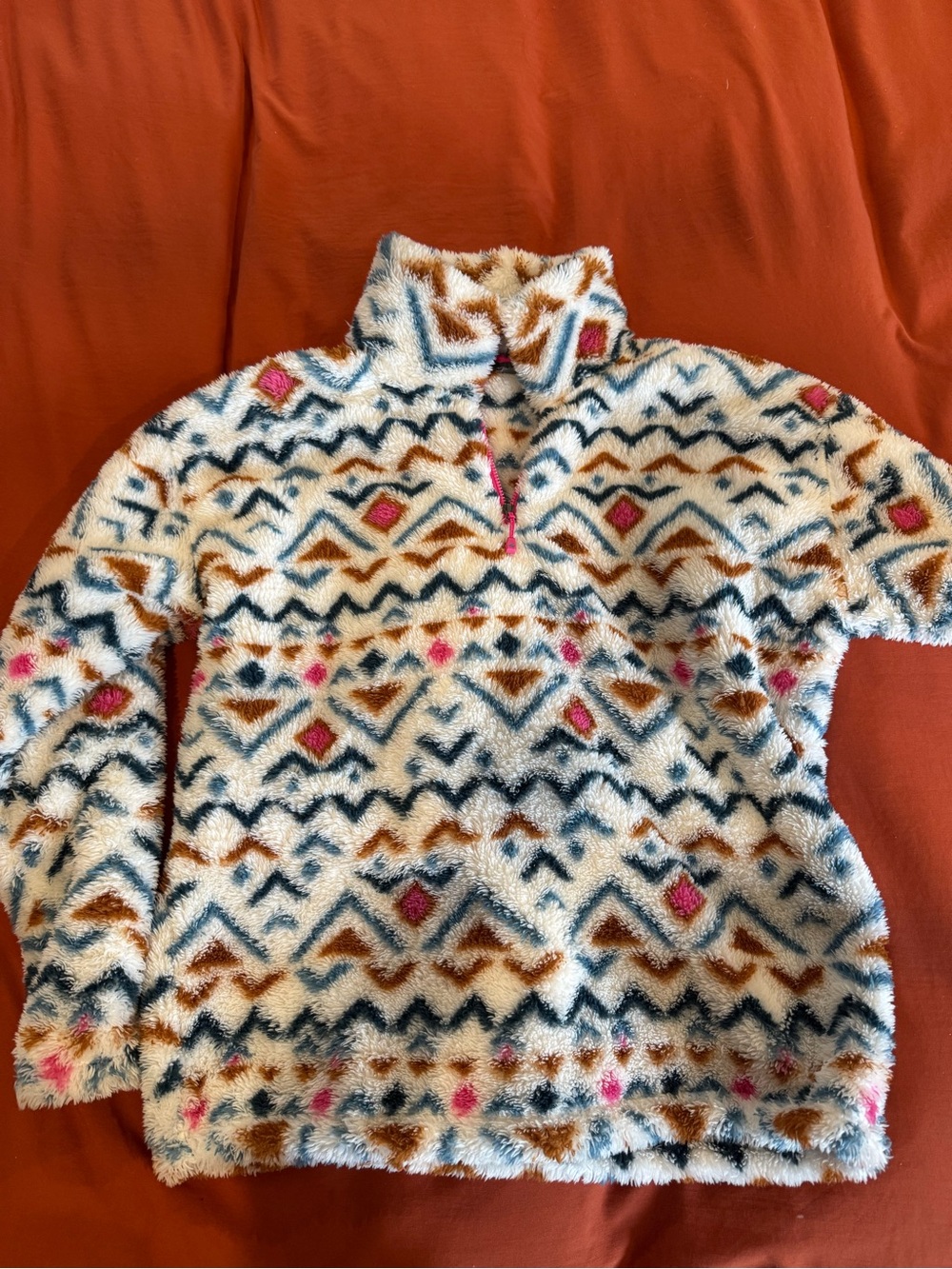 Eddie Bauer Cream Sherpa Half-Zip with Navy, Brown & Pink Pattern